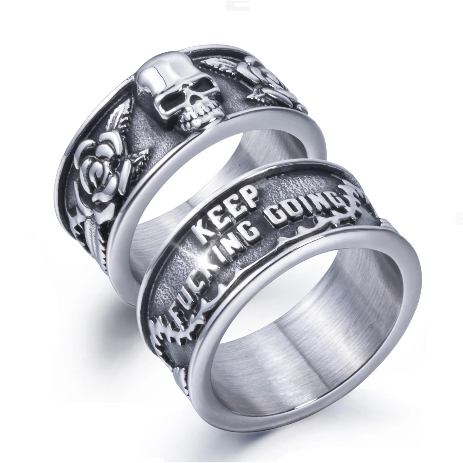 Keep Going Ring Stainless Steel Gothic Rose Skull Rings for Men Women Band Silver Skeleton Cocktail Party Ring Size 8-15