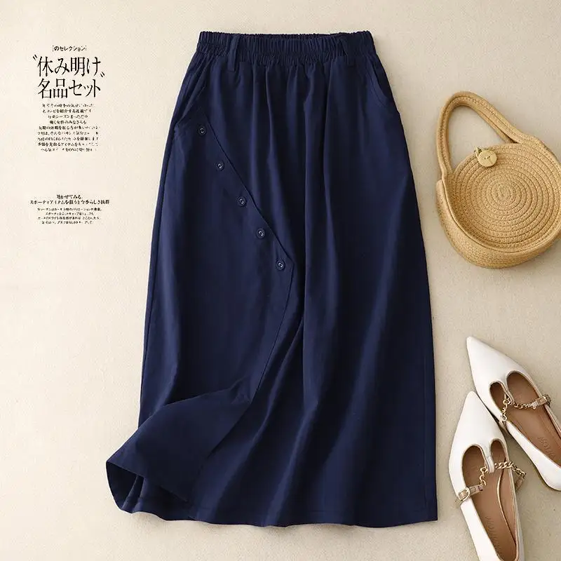 Summer New Arts Style Women Elastic Waist Knee-length A-line Skirt Single-breasted Design All-matched Casual Cotton Linen Skirt