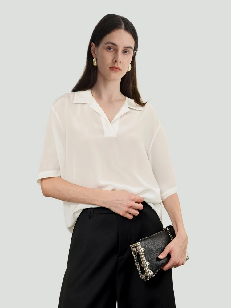 Birdtree, 100% Real Silk Sheer Blouse, Half Sleeve Polo Neck Shirt, Women Thin Loose Commuting Tops, 2026 Summer New T65809JF