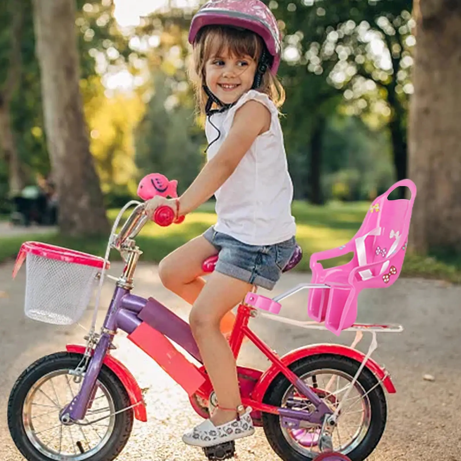 Assento decorativo de bicicleta de boneca com adesivos, acessório de bicicleta infantil para brinquedos de pelúcia, acessórios de cadeira de bicicleta de animais de pelúcia