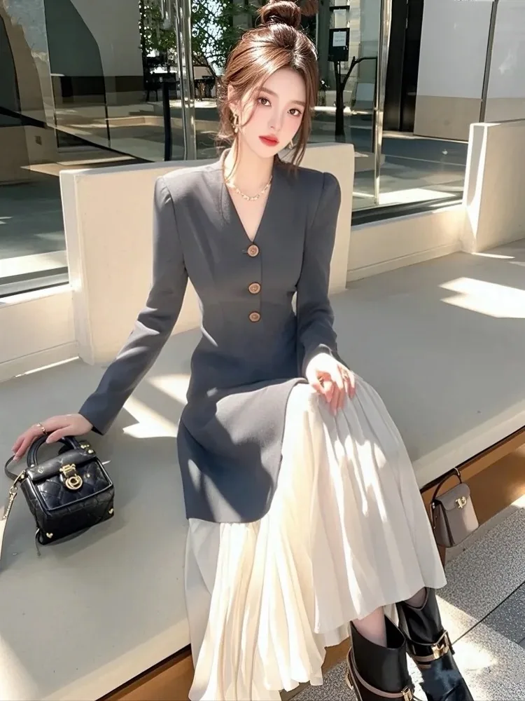 

Новый элитный французский лоскутный костюм, платье, женская мода, элегантный v-образный вырез, длинный рукав, тонкая талия, офисные женские платья, Vestidos Robe