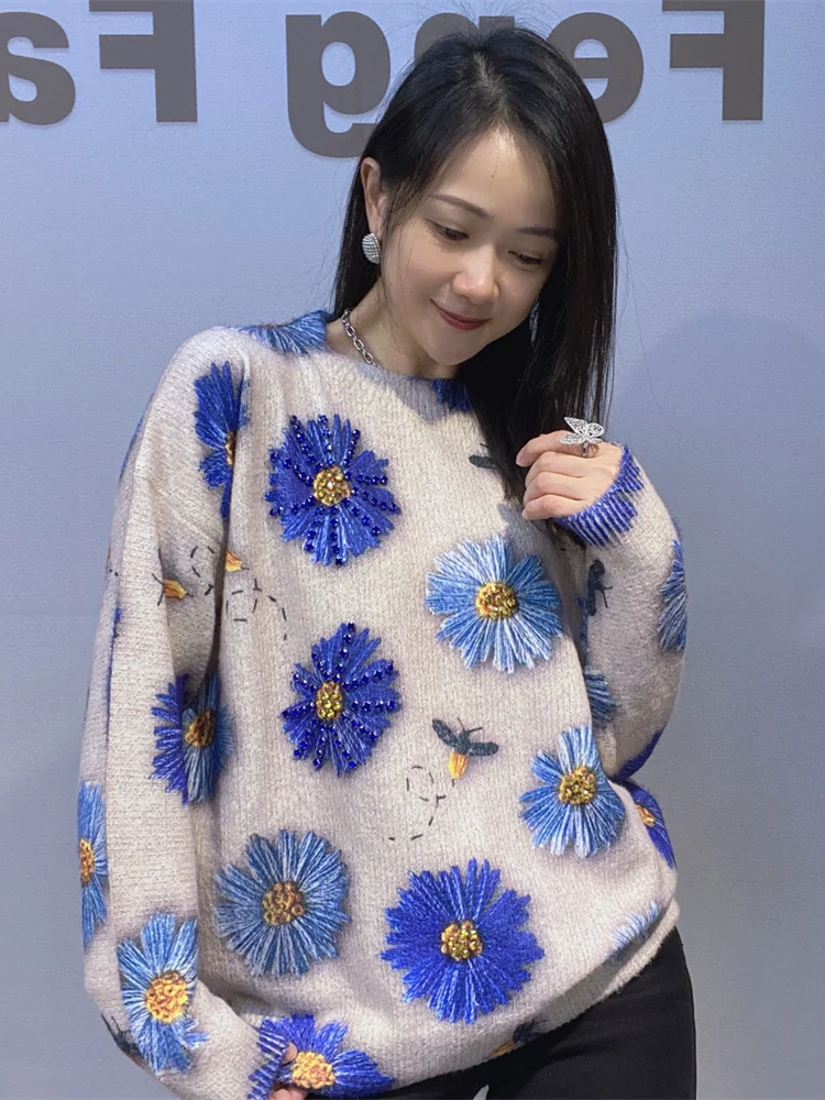 

Новый осенне-зимний женский вязаный свитер с длинными рукавами, круглым вырезом, плотной отделкой, мягкий, пушистый, с цветочным узором, теплый