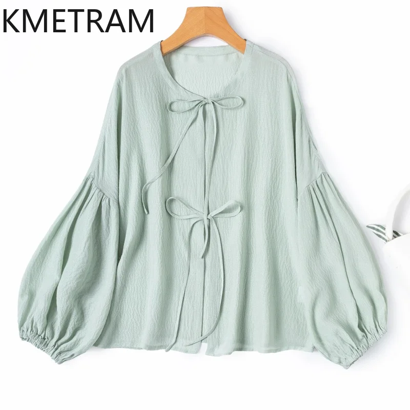 

KMETRAM 100% Real Mulberry Silk Cardigan Women Lantern Sleeves Blouse Light Green New Summer Tops for Woman Clothing 2026 блузка