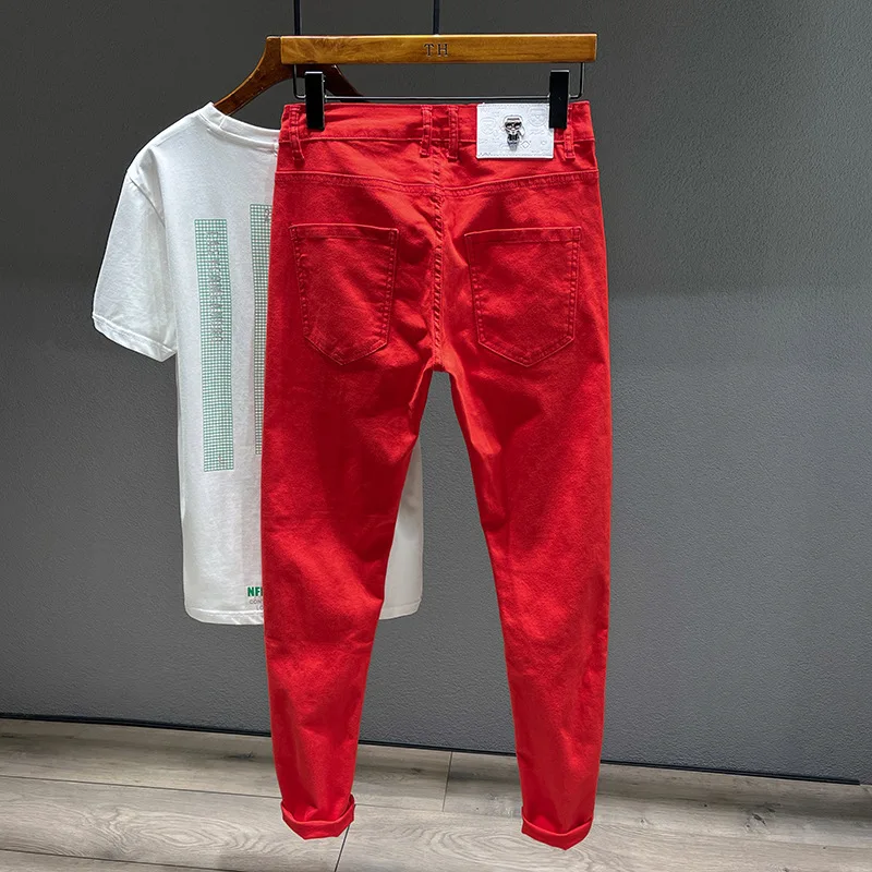 Red Jeans Men's Embroidered Printed Street Trend Handsome Fashion Stretch Slim Fit Casual Cool Skinny Trousers