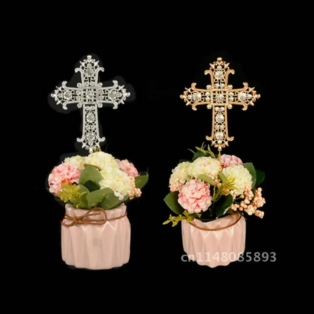 1PCS Gold & Silver Diamond Cross Cake Topper Religious Wedding Christening First Communion Birthday Party Marriage Decoration,Q