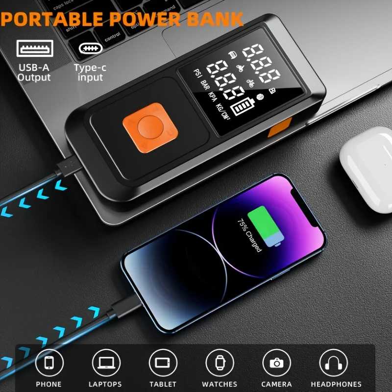 A Portable Car Emergency Start Power Supply, 6000mAh Large Capacity Battery, 150PSI, Dual Safety Protection, Lightweight And Dual Function, Lighting, Fast Inflation, Preferred Halloween/Christmas Gift, Essential for Outdoor Travel And Camping view 5