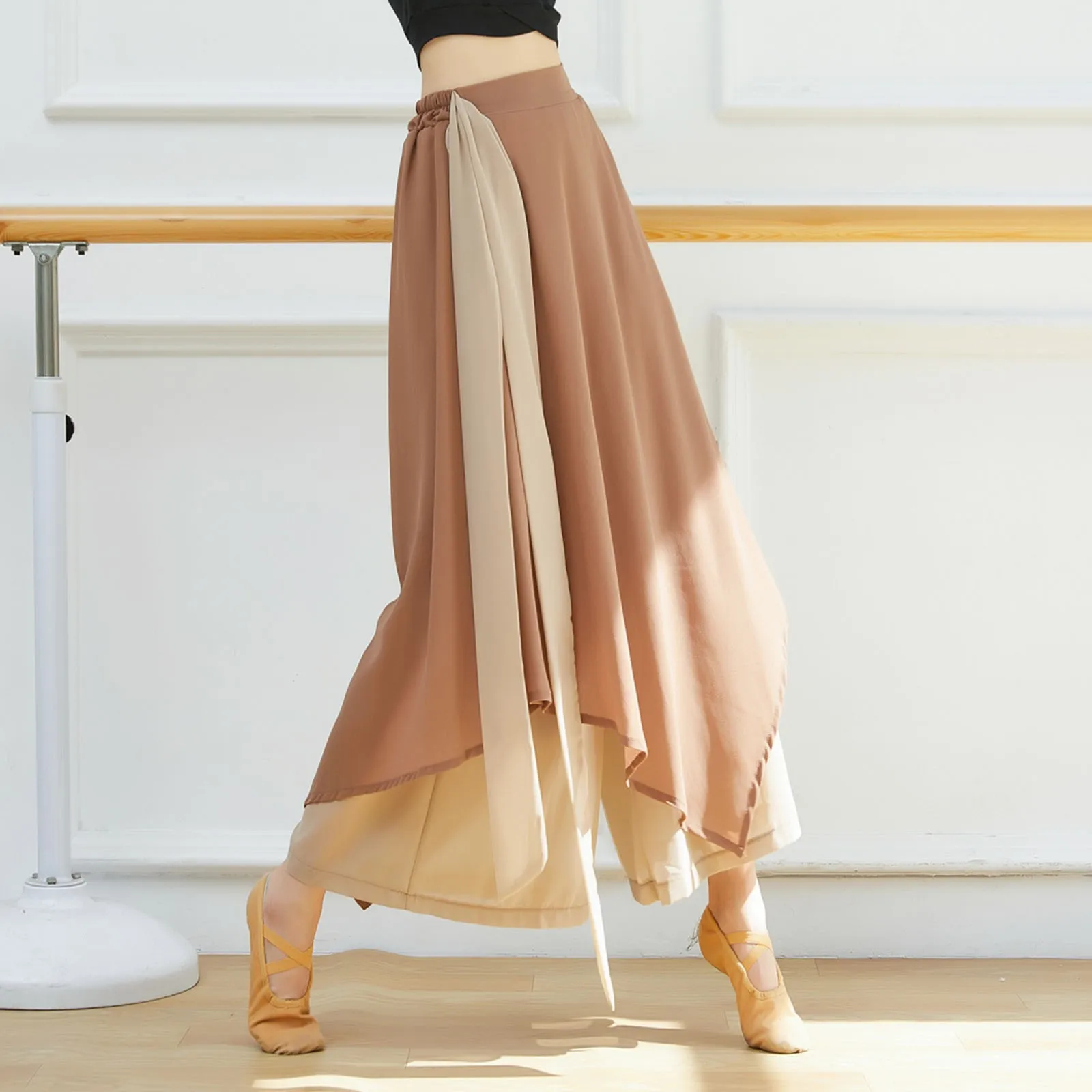 

Women's Chiffon Skirt Pants Classic Dance Training Trousers Contrast Color Irregular Wide Leg Elastic Waist Women Palazzo Pants