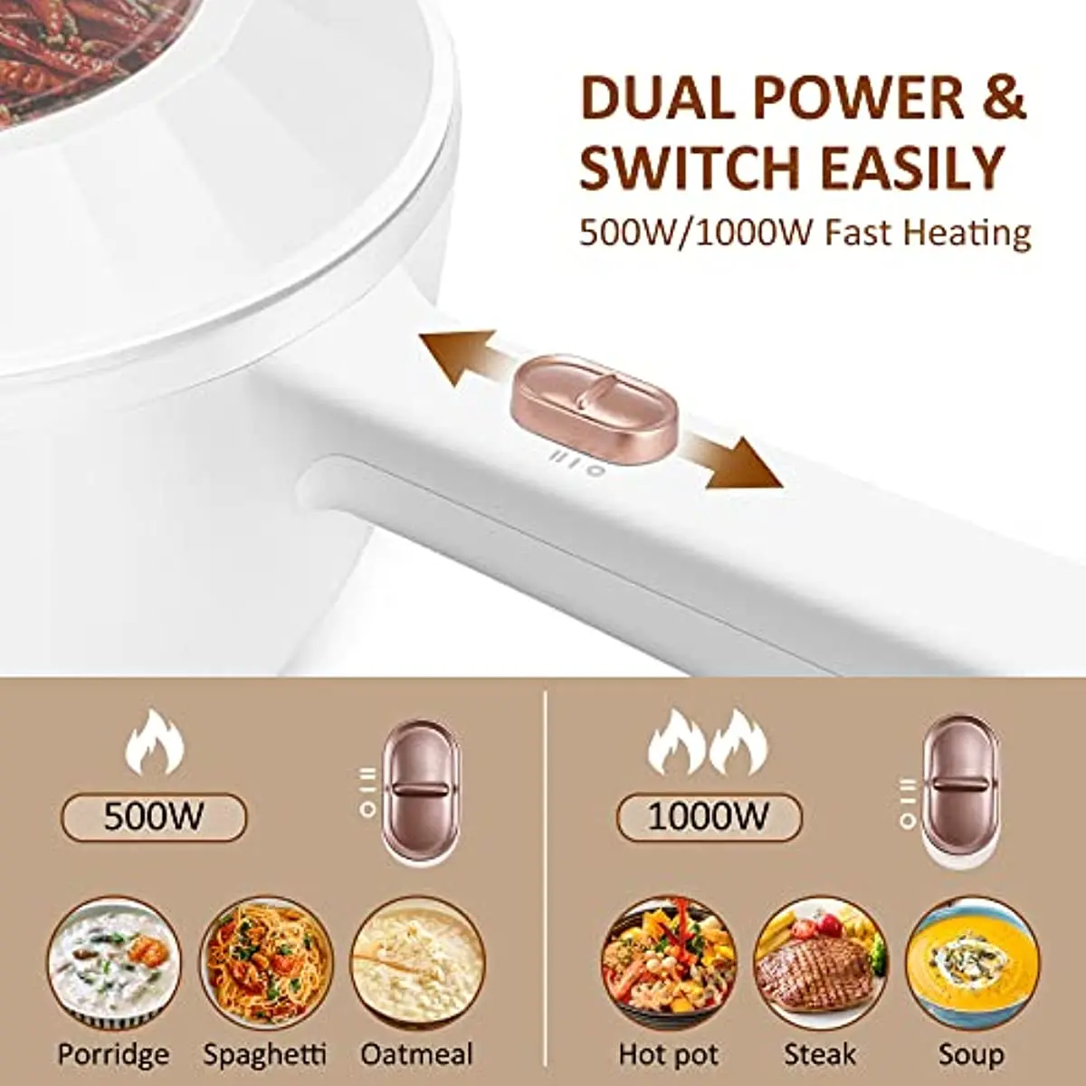 2L Electric Hot Pot Non-Stick Saut Pan Rapid Noodles Cooker for Steak Egg Fried Rice Ramen Oatmeal Soup with Power Adiustable