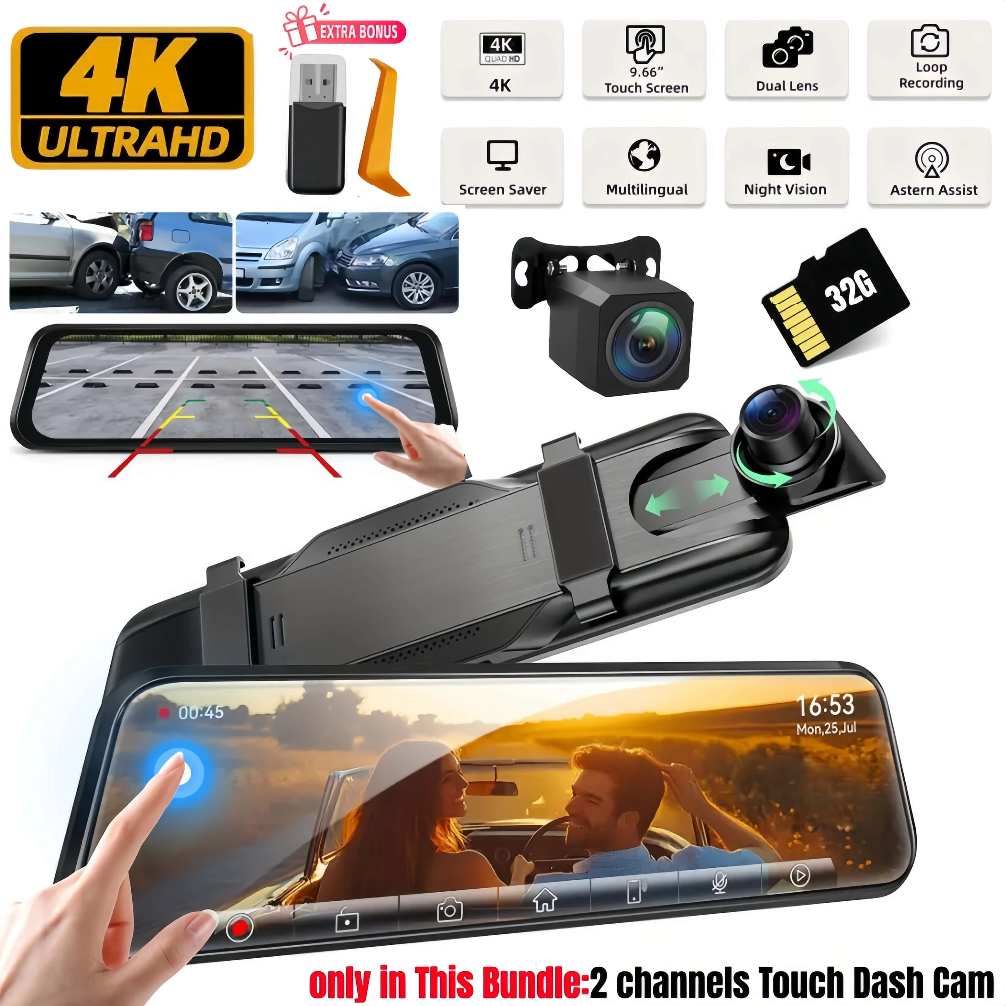 

Зеркальный видеорегистратор 4K для автомобилей, 10-дюймовый сенсорный экран, задняя камера 1080P, 170 ° Широкоугольный, ночное видение, циклическая запись, карта 32G