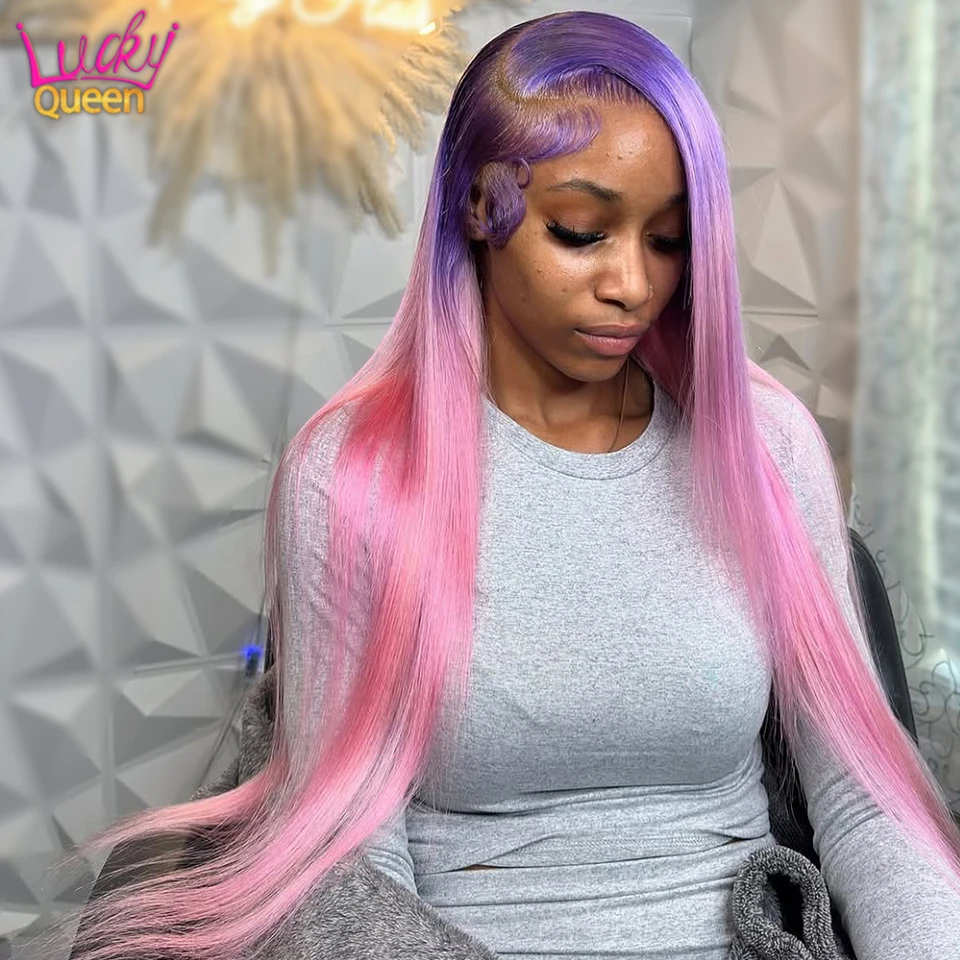 

Ombre Purple Pink 613 Colorful Wig 13X4 13x6 Frontal Human Hair Wigs Pre Plucked For Women Transparent Lace 180 Density Straight