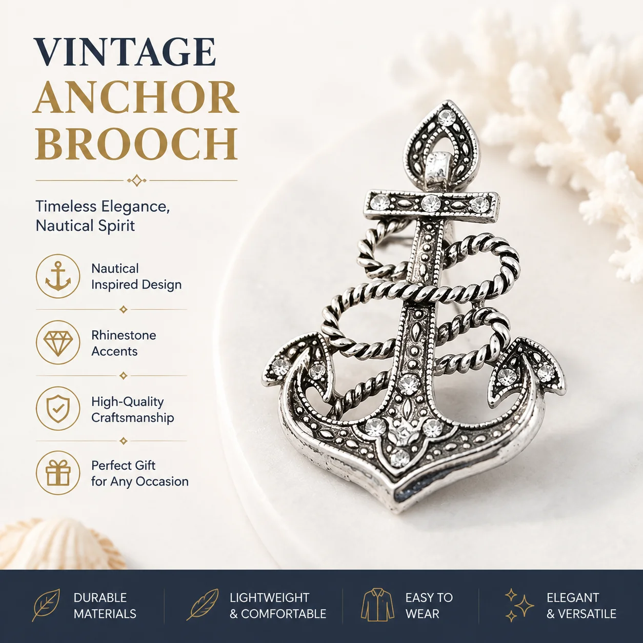 Vintage Anchor Brooch for Women Nautical Sailor Pin with Rhinestone Accents Antique Silver Ocean Jewelry Dresses  Scarves Gifts