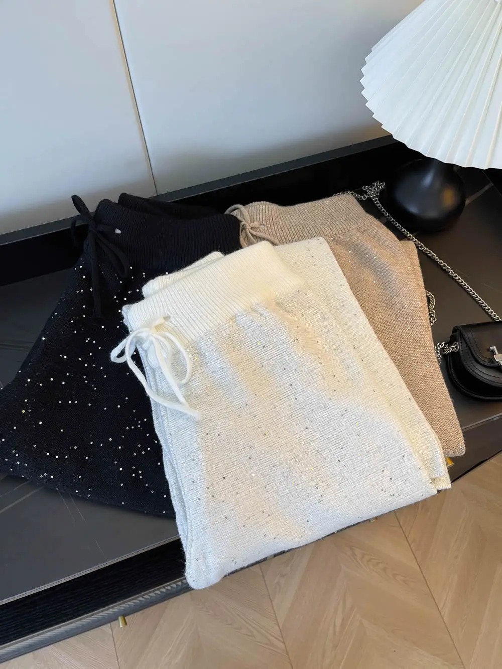 

angHai GuangZhou Thirteenth Fac High Quali Glittery Loose Knitted Wide Leg Pants Women's Autumn Winter Faion