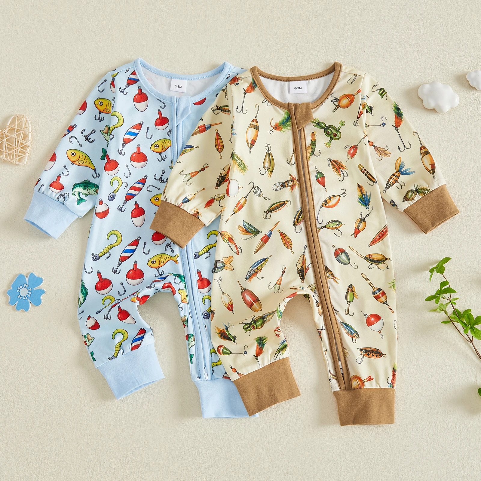 Tregren 0-18Months Infant Baby Boy Fall Romper Angling Supplies Print Crew Neck Long Sleeve Bodysuits