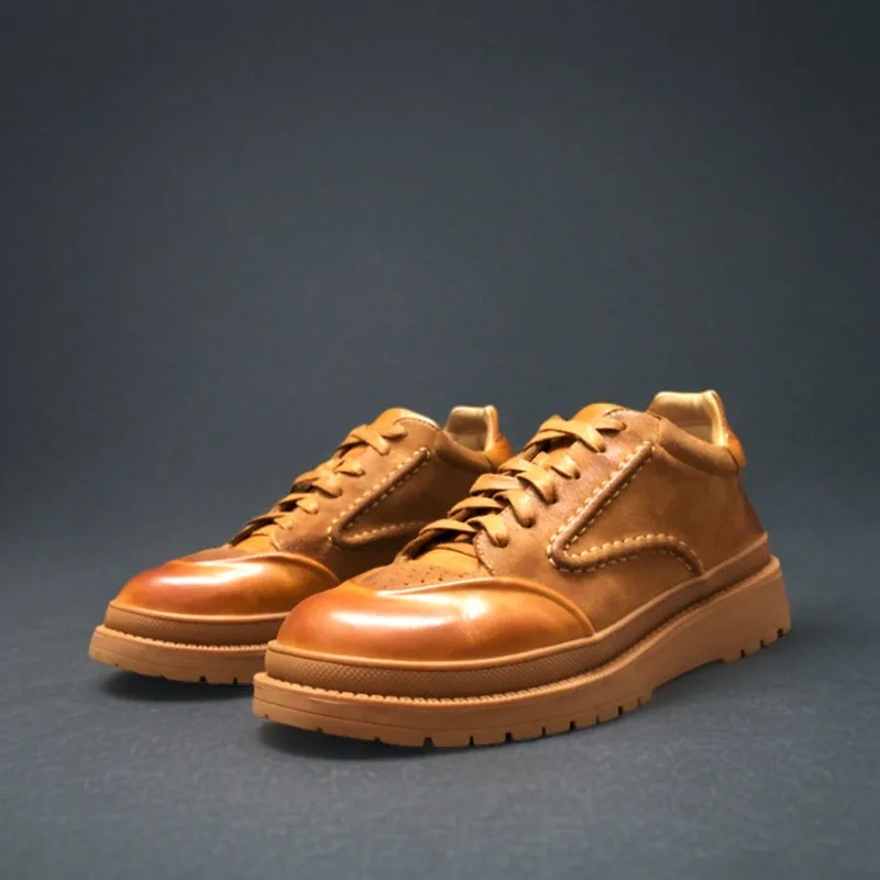 High End Washed cowhide retro Thick Sole Casual Derby Leather Shoes Men Spring Autumn Dress Work Outdoor Oxfords Genuine Leather