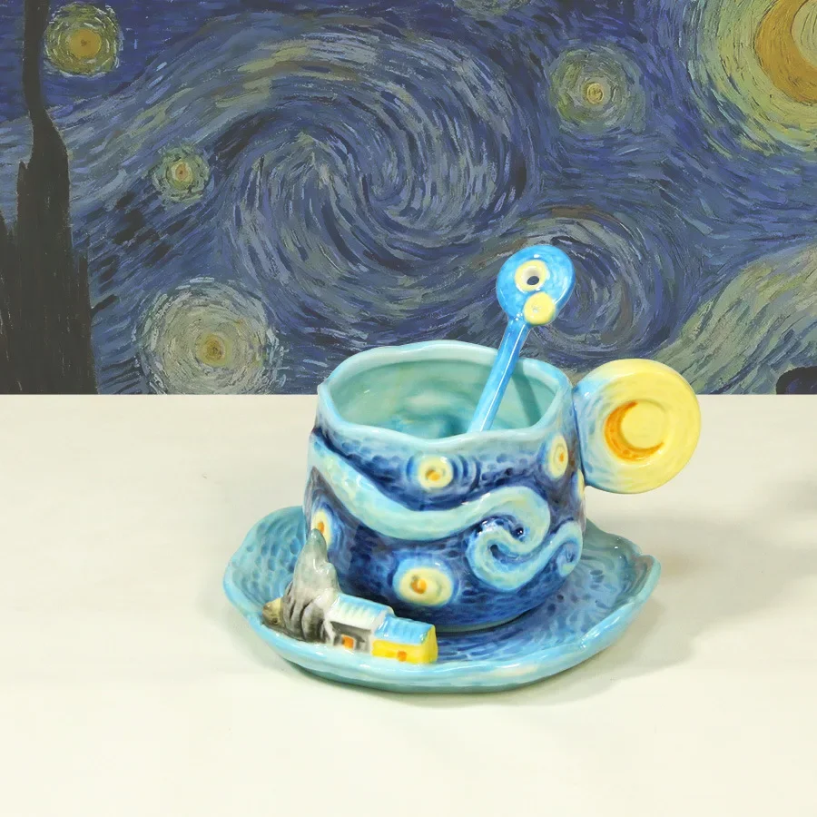 Hand Painted Oil Painting Style Ceramic Coffee Cup Set, 3D Floral  Tea Cup with Saucer & Spoon, Starry Sky Pattern,Unique Gift