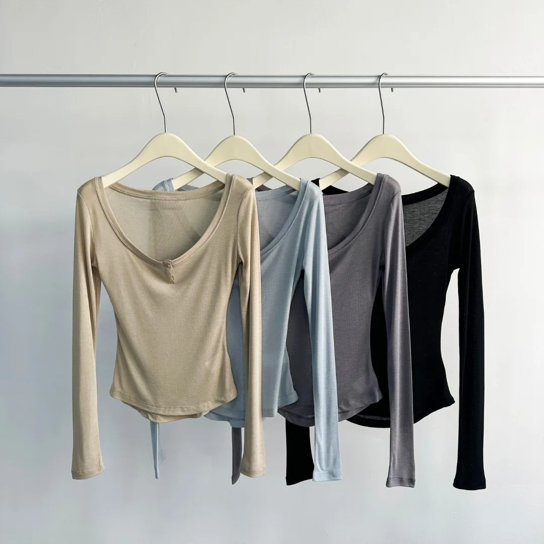 Slim Fit Long Sve U-Ne bouton couleur Pure Base irt haut superposé femme Faion humidité ng mince hiver T-irt