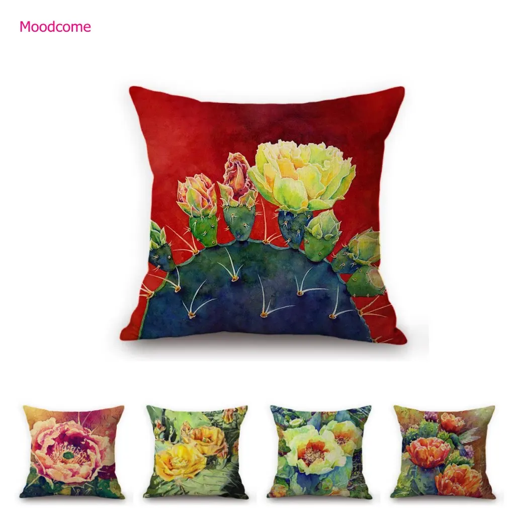 Yellow Cactus Flower Blossom Oil Painting Still Life Decoration Art Cotton Linen Sofa Throw Pillow Case Chair Seat Cushion Cover