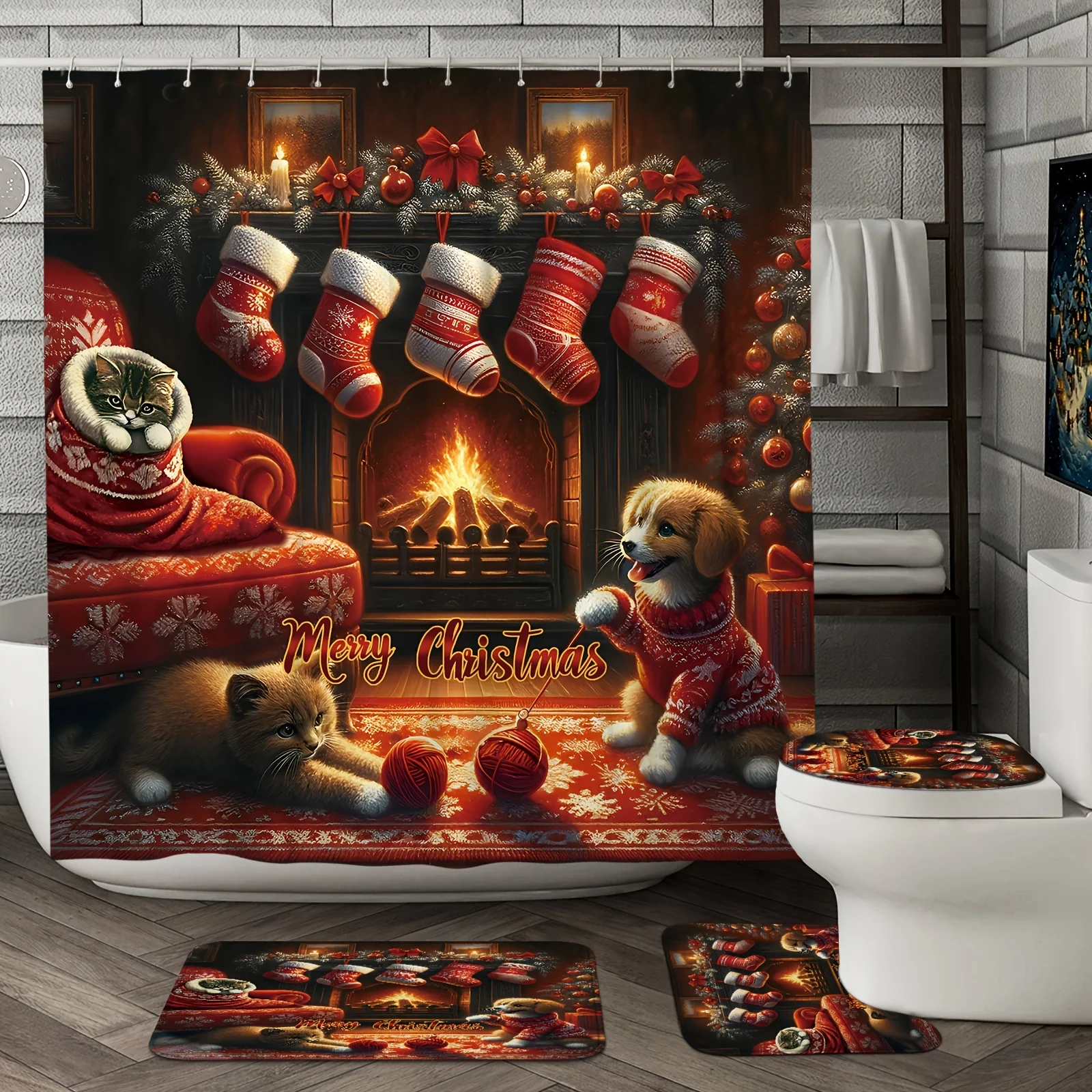4Pcs Xmas Shower Set, Red Cat Dog Fireplace, Cute Design, 12 Hooks, Non-Slip Mat, U-Shaped Cover, Christmas Home Decor