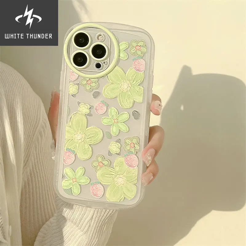 Summer Sweet Fresh Painting Strawberry Green Flower Soft Anti-fall Shell For Iphone 11 12 13 Pro Max Xr X Xs Max 7 8 Phone Case