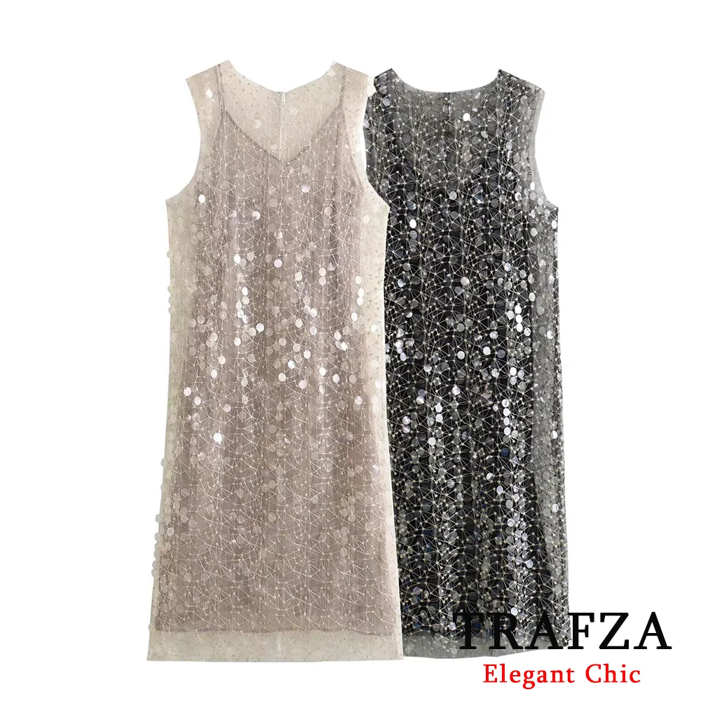 TRAFZA Vintage Sequins Embellished Dress Women's Midi Dress New 2024 Summer Fashion Holiday Party Evening Dress