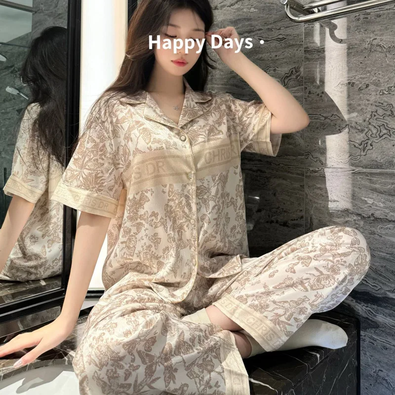 Pyjamas Women Summer Short Sleeve Shorts And Long Pants Three Sets 2024 New Thin Advanced High Quality Ice Silk Pyjamas Sets Pj