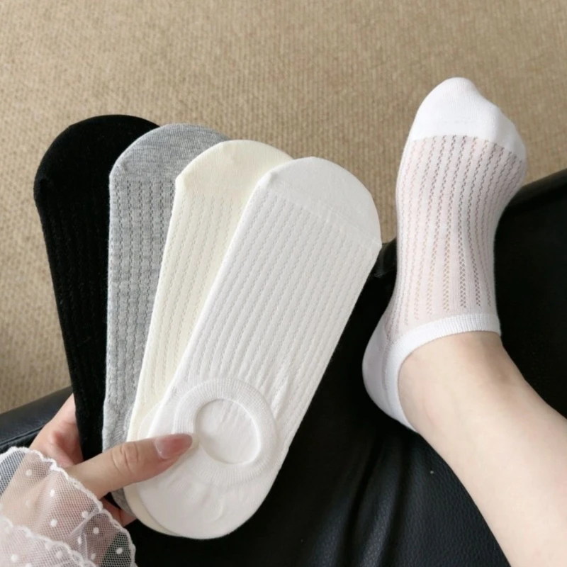 Simple Versatile Solid Color Cotton Casual Boat Socks Women Summer Thin Mesh Breathable Anti-slip Shallow Mouth Invisible Socks