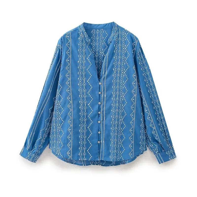 

Women's V Neck Long Sleeve Cotton Linen Shirt Bohemian Floral Embroidered Casual Top for Spring Summer