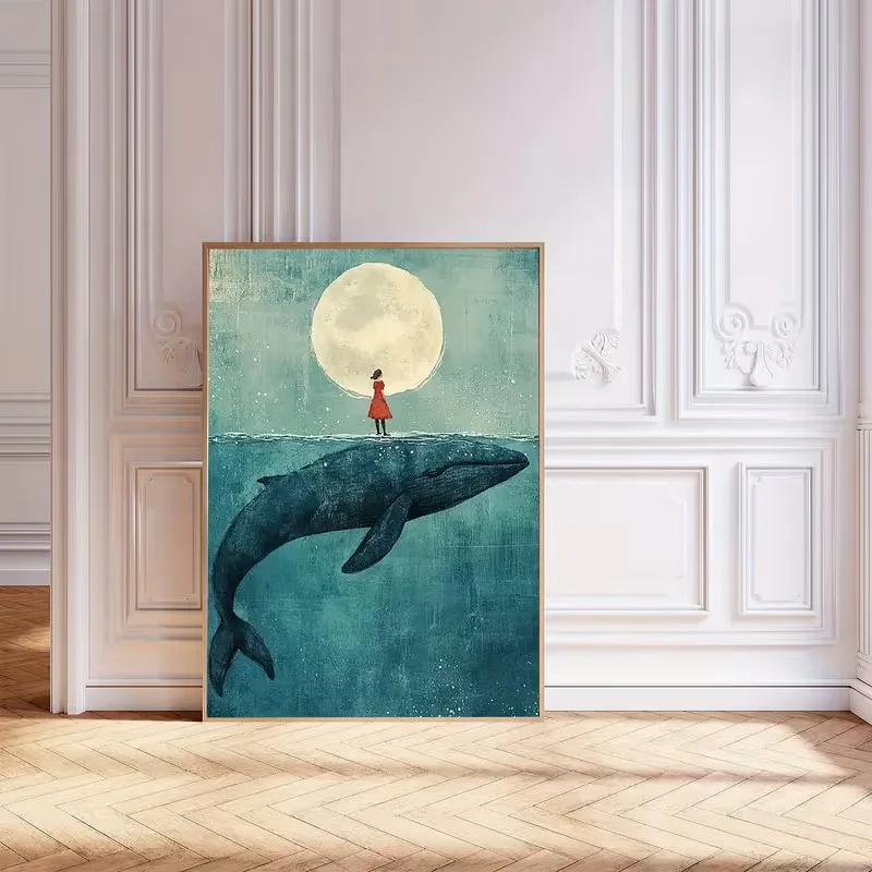 Blue Fairy Moonlight Canvas Printed Watercolor Wall Art Girl Ostracean Cyan Background Bedroom Living Room Bar Home Decoratio