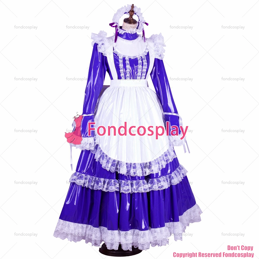 fondcosplay adult cross dressing sissy maid long lockable Purple thin PVC vinyl dress Uniform white apron CD/TV[G1802]