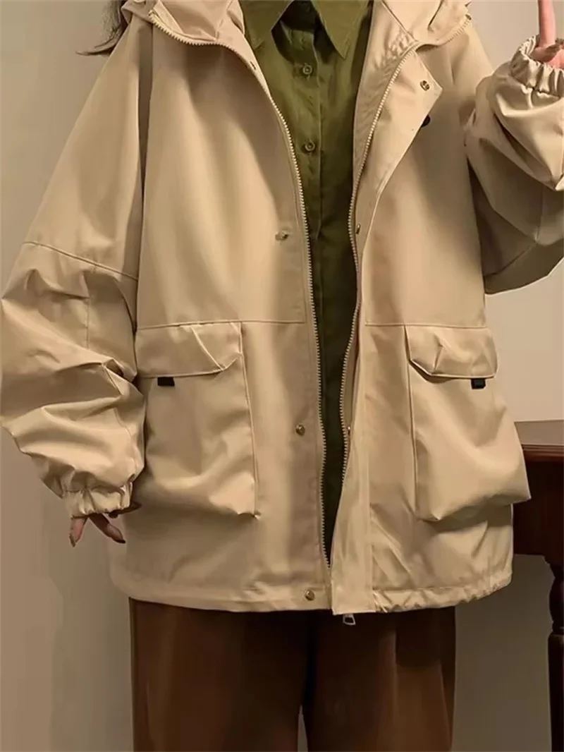 Pop Cargo Oversized Hooded Jackets Women Solid Leisure Classic Windbreaker Couple Baggy Japanese All-match Basic Casual Zipper C