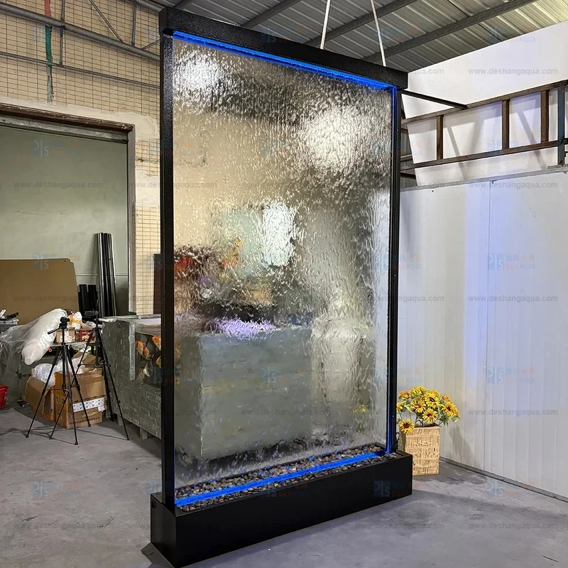 custom.Stainless Steel Powder Coated Metal Glass Waterwall Foldable Floor Standing Transparent Indoor-Outdoor Home Screen Feng S