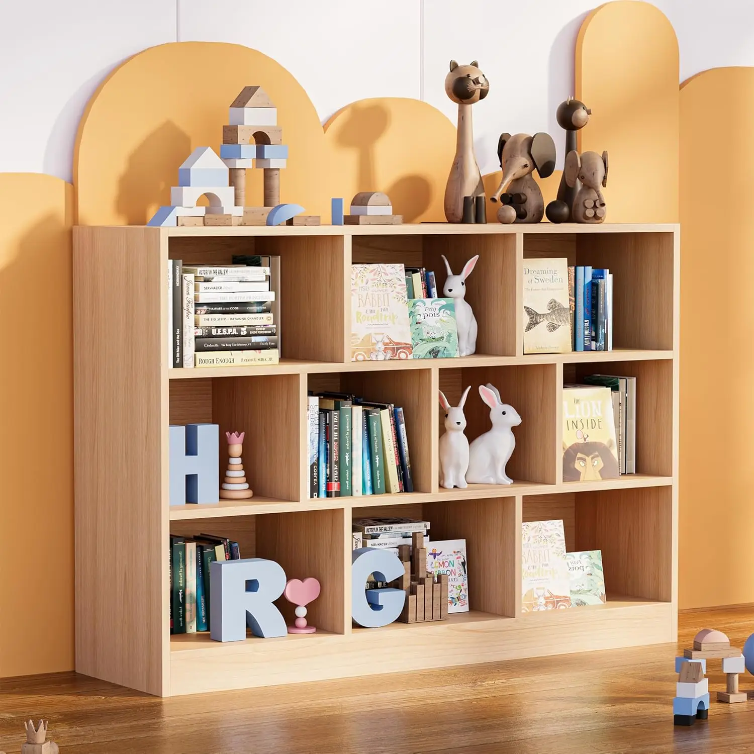 Libreria Castle Oak, libreria a scaffale aperto a 3 livelli, Organizer per riporre 10 cubi con dispositivo Anti-inclinazione per camera da letto, soggiorno,