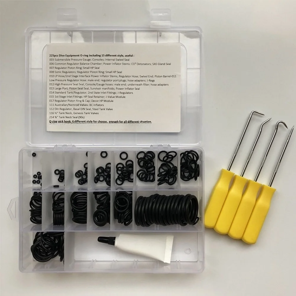 Diving Equipment O-Ring Replacement Kit Featuring 225 NBR70 Seals 15 Sizes 4 Stainless Steel Tools and Silicone Grease
