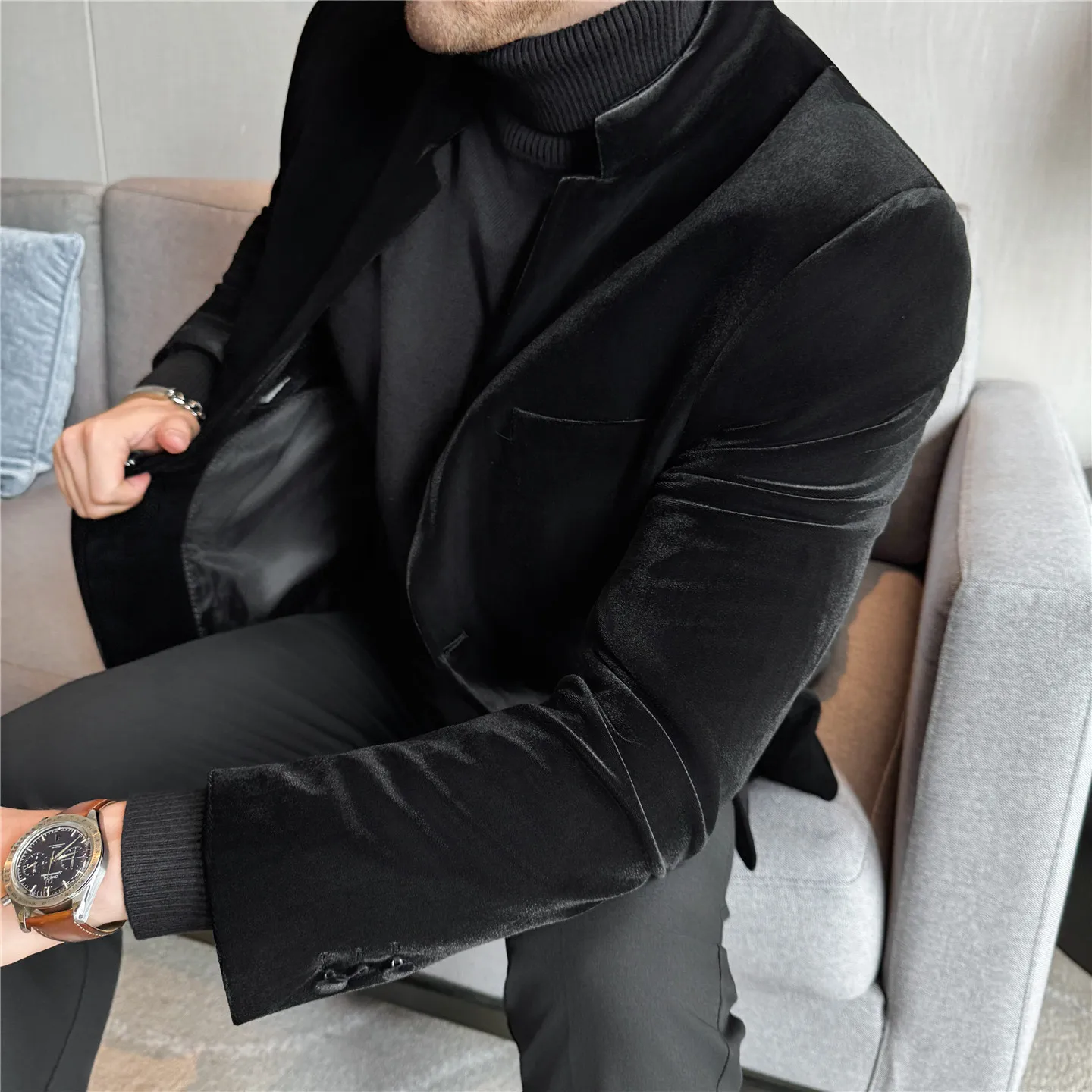 سترة بدلة كاجوال مخملية ذات ياقة واقفة على الطراز الصيني الجديدة عالية الجودة، بدلة سوداء سميكة لخريف وشتاء #5