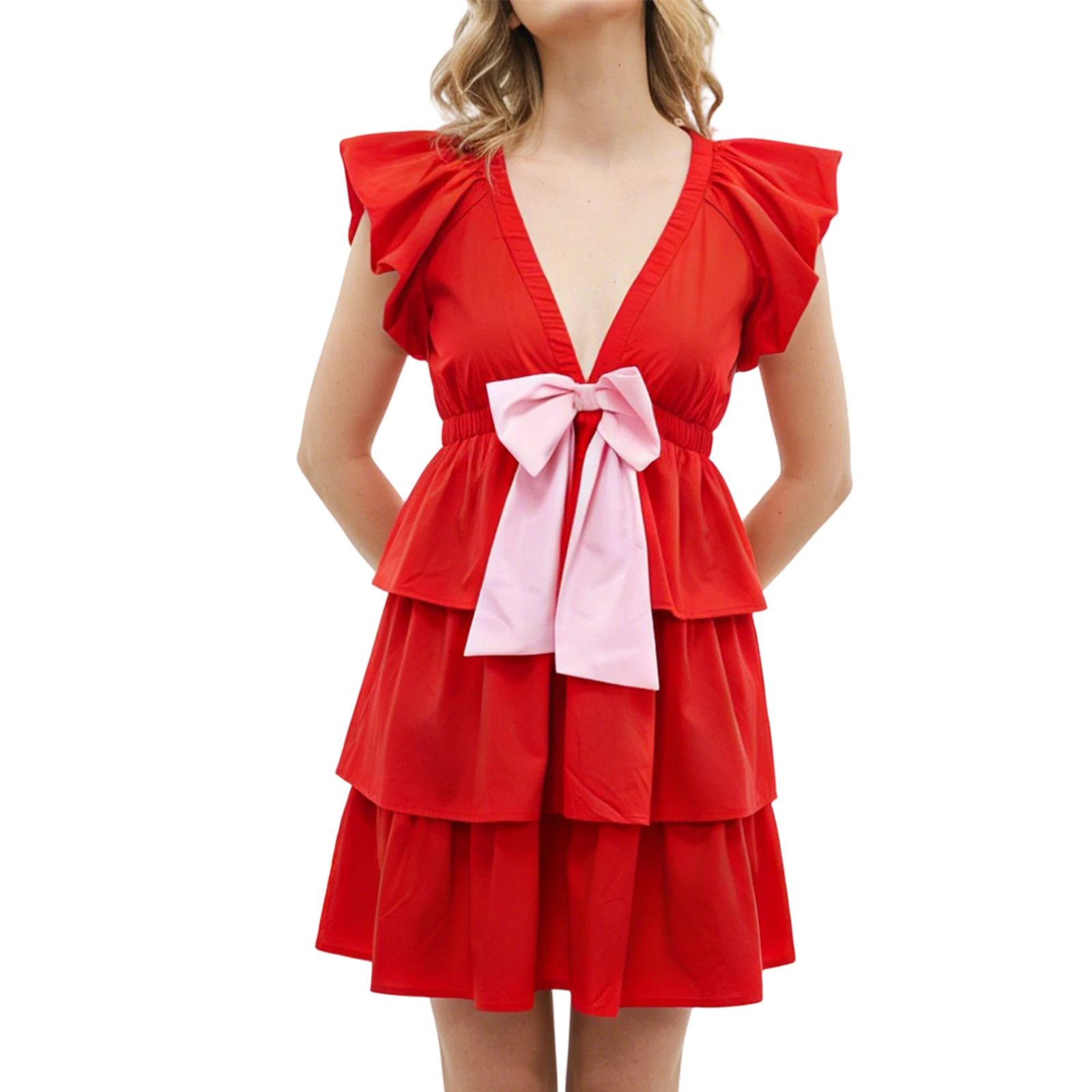 

Женское летнее мини-платье-майка с летающими рукавами и v-образным вырезом с бантом спереди, свободное платье трапециевидной формы