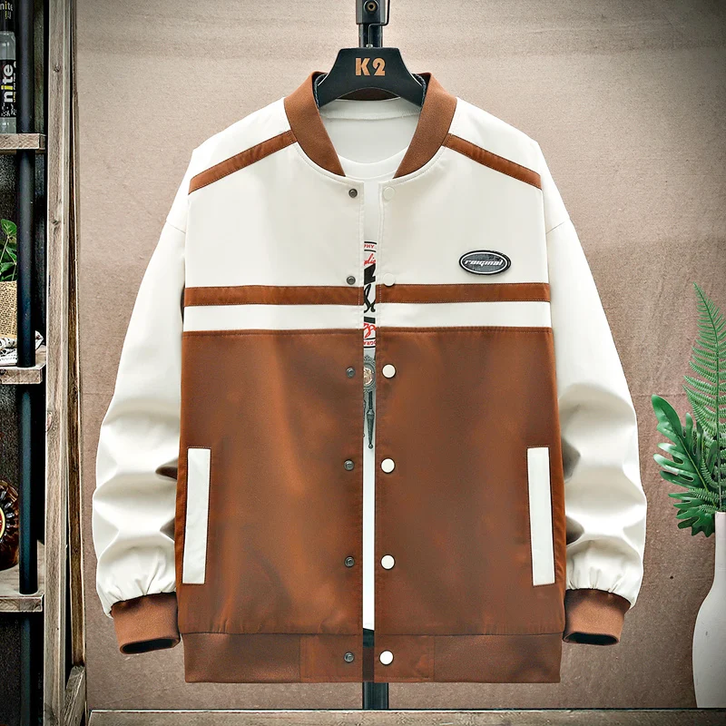 

Spring Baseball Clothes Street Style Patchwork Men Jacket Contrast Color Zipper Long Sleeve Fashion Vintage Casual Harajuku Coat