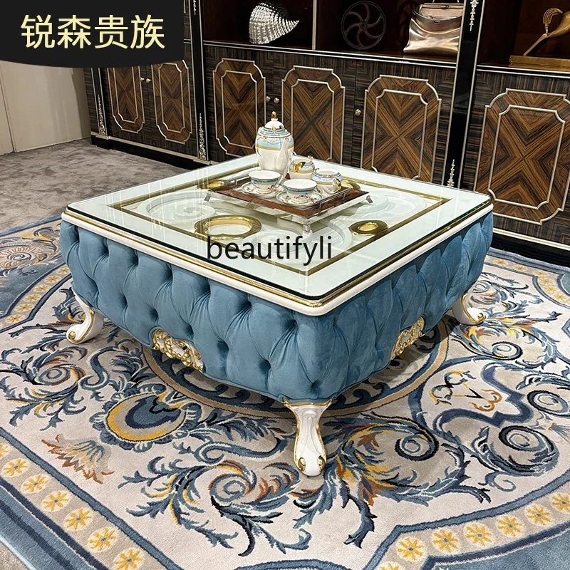 ss8350 French large coffee table, European court solid wood square tea table, living room tempered glass tea table