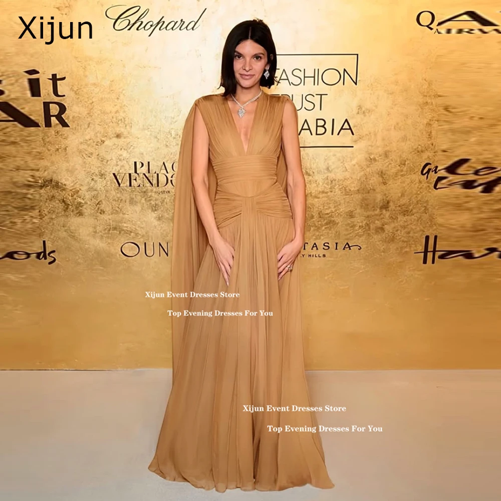 Xijun Champagne Chiffon Long Evening Dresses V-Nevk Cape Sleeves Formal Prom Dresses A-Line Pleated Women Prom Gowns Customized