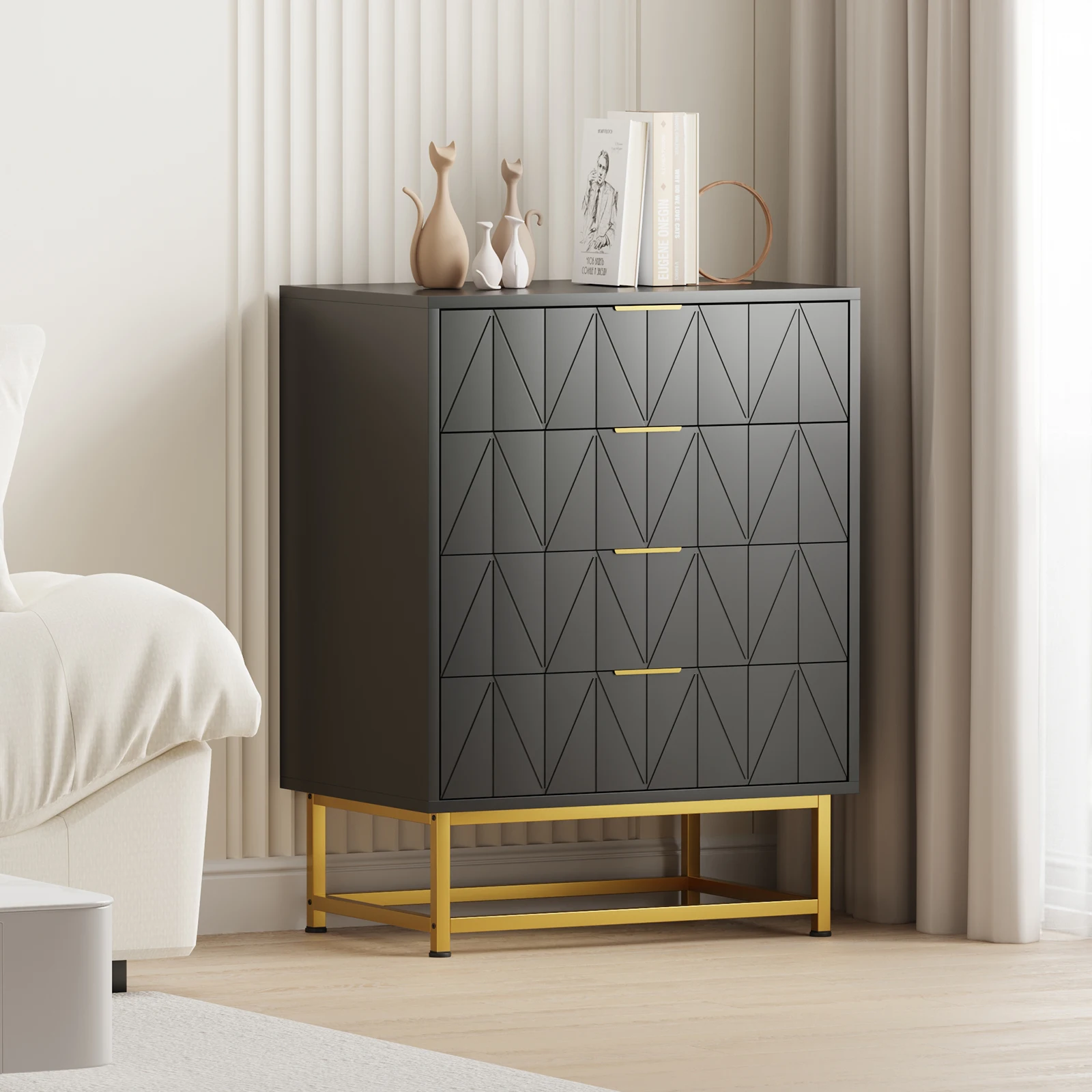 Modern 4 Drawer Dresser Chest, Wide Storage with Sturdy Wood & Metal Legs, Spacious Tall Drawers for Bedroom, Living Room, Hallway Organization, Contemporary Furniture Set
