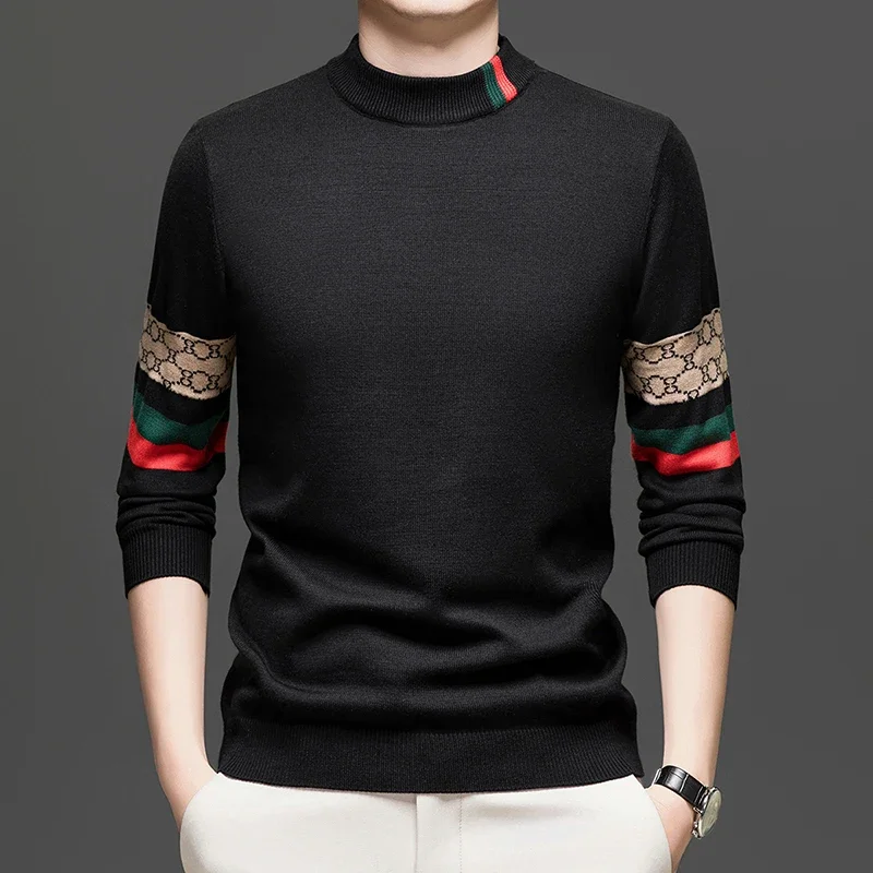 

High End Big Brand Semi High Neck Sweater for Men with Thick Velvet and Autumn/winter Fashionable Warm Base Shirt for Men