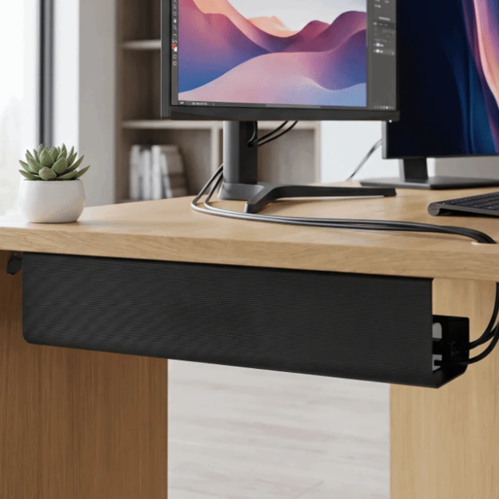 PVC Under Desk Cable Management Tray Large Capacity Adhesive Mount No Punch Cable Organizer Minimalist Design Easy Installation