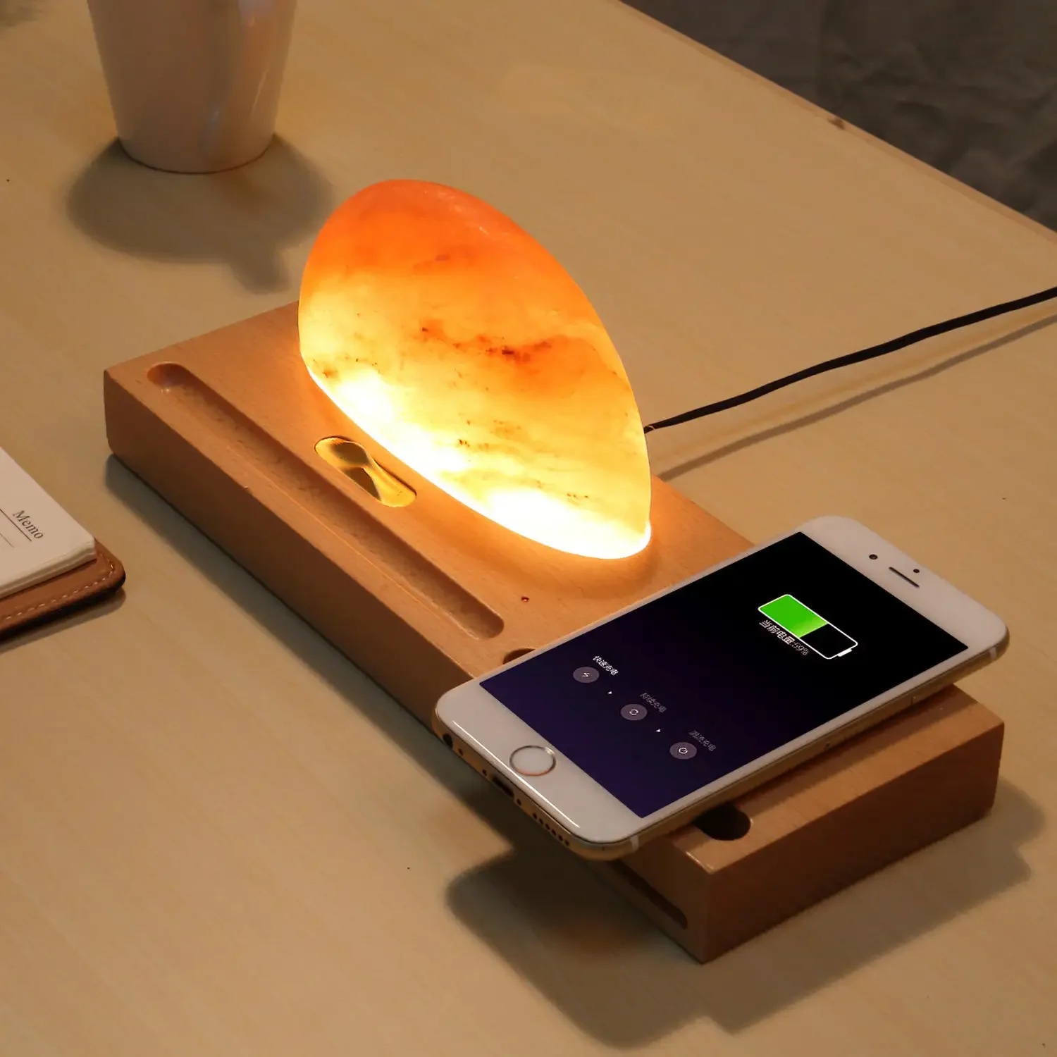 

Sunrise Himalayan Salt Night Light with Wood Base Wireless Charger Office Bedroom Decoration Table Lamp