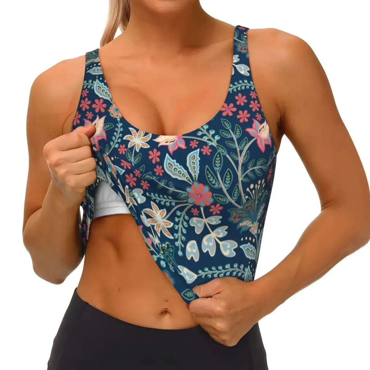 여성용 멕시코풍 여름 플로럴 블루 스포츠 브라 꽃무늬 하이 임팩트 짐 운동 러닝 크롭 탱크탑