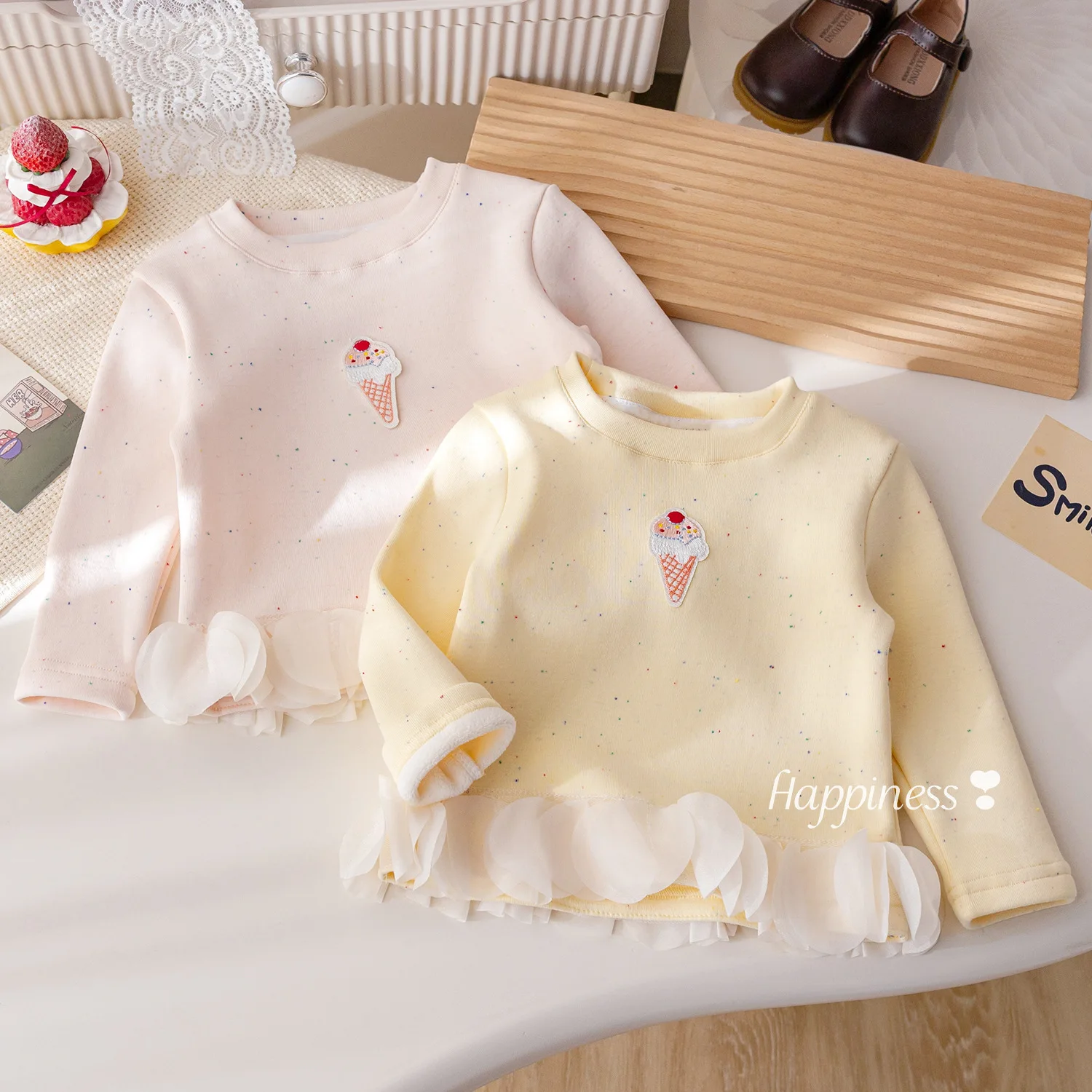 جديد الشتاء الرضع طفلة تي شيرت الكرتون التطريز زائد الصوف الاطفال طفل الفتيات قميص عادية رشاقته الدافئة طفل فتاة قمم