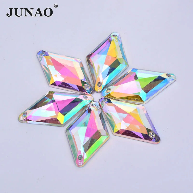 JUNAO 9*15mm 18*30mm Sew On Crystal AB Rhinestones Flatback Rhombus Shape Strass Acrylic Gems For Dress Clothes Needlwork Crafts