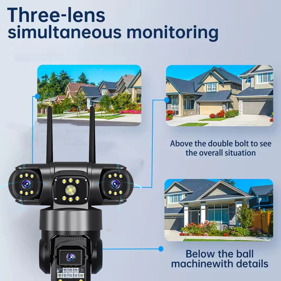 Cámara V380 Pro WIFI 12MP 6K tres lentes Color visión nocturna Monitor de vigilancia detección de movimiento al aire libre grabadora de vídeo de 3 pantallas
