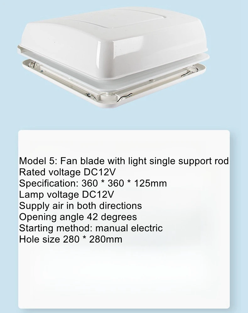 280x280 RV ventilation fan with opening, 12V exhaust fan, bidirectional bathroom exhaust fan with light inlet and outlet