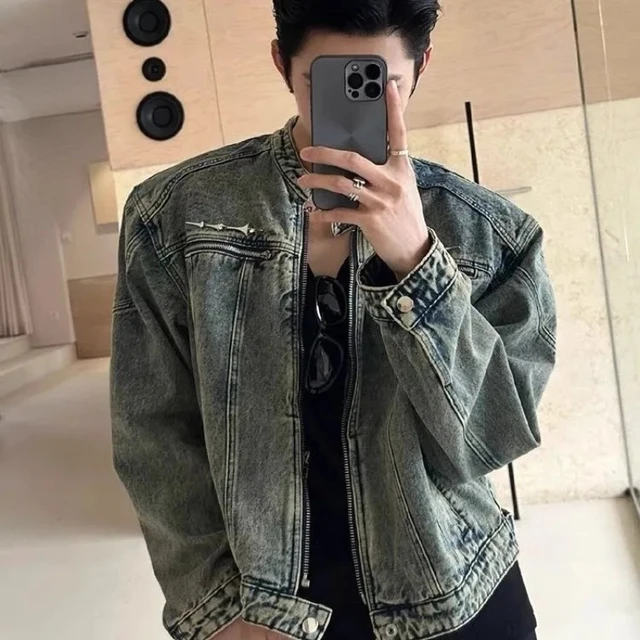 Vestes en jean delavees pour hommes manteau en jean court col montant logo en metal design vintage mode unisexe AliExpress