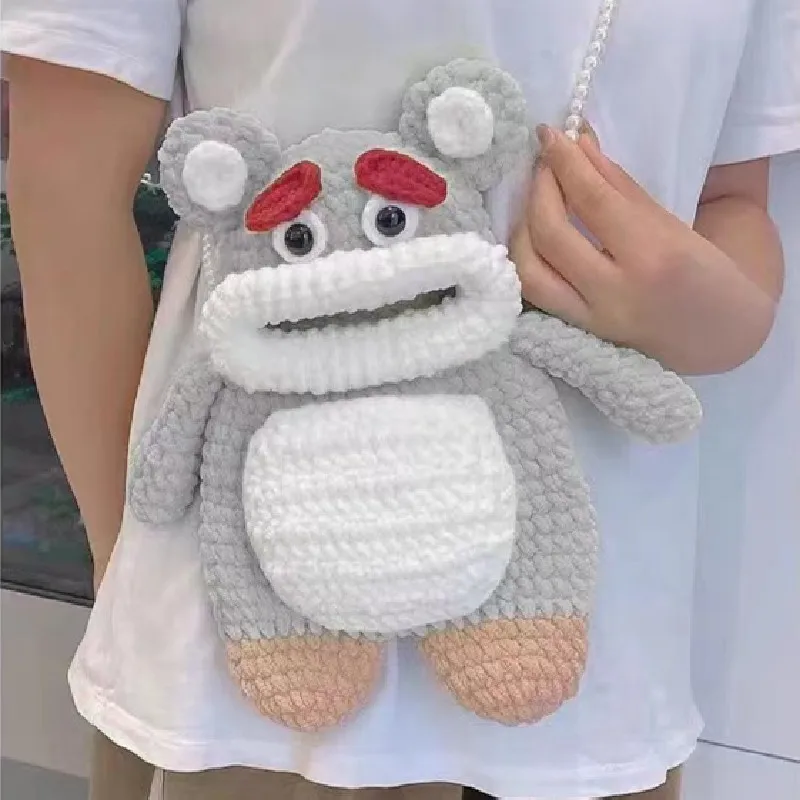 Handmade crocheted large mouthed bear crossbody bag, cute and cute storage bag for girls, large capacity shopping bag, doll bag