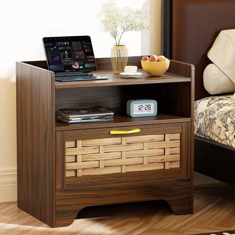 

24 Rattan Nightstand, Boho Night Stand with Open Storage, Walnut Bedside Table with Drawer, Bed Side End Table Dresser for Bedr